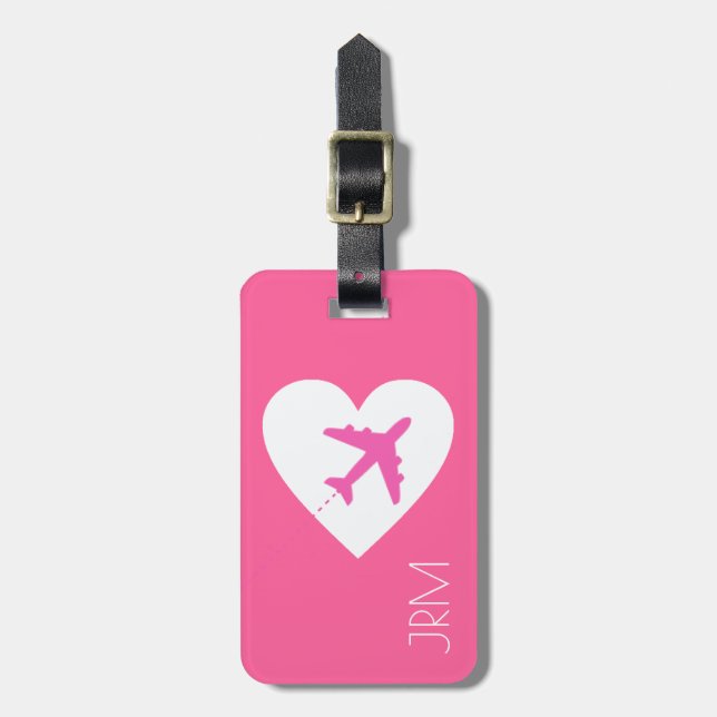 personalised feminine pink love aeroplane travel luggage tag (Front Vertical)