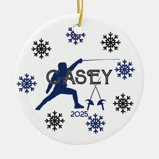 Personalised Fencing Silhouette And Snowflake  Ceramic Tree Decoration (Front)