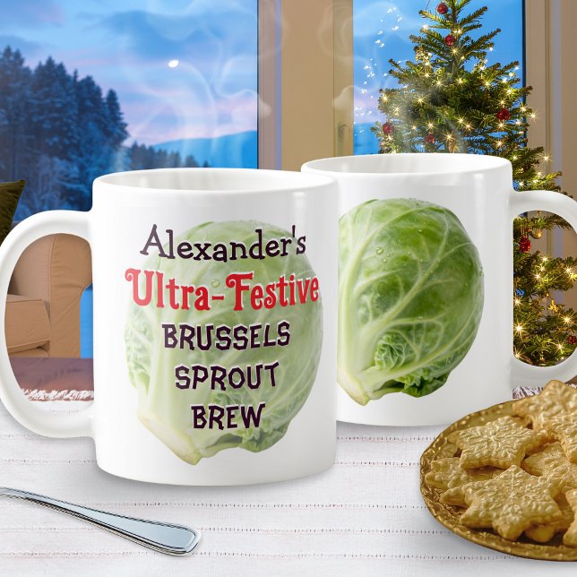 Personalised Festive Brussels Sprout Brew Funny Coffee Mug (A funny and festive personalized Christmas mug, with brussels sprout pictures and humorous caption)
