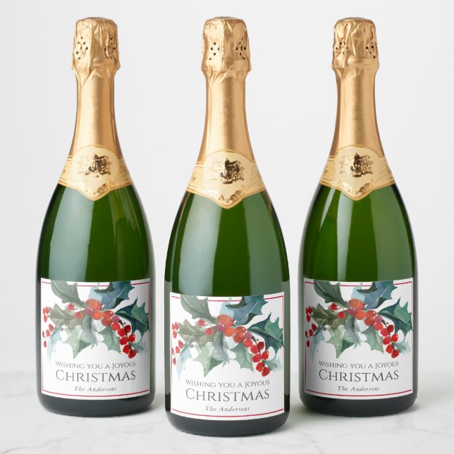 Personalised Festive Christmas Holly and Berries Sparkling Wine Label (Bottles)