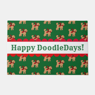 Personalised Festive Doodle Dog Green Red Holiday Doormat