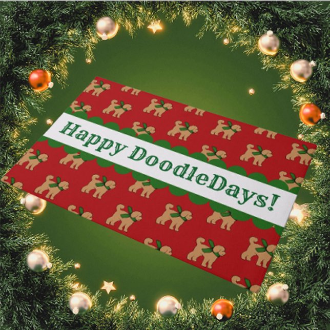 Personalised Festive Doodle Dog Red Holiday  Doormat (A festive welcome with this personalized door mat!)