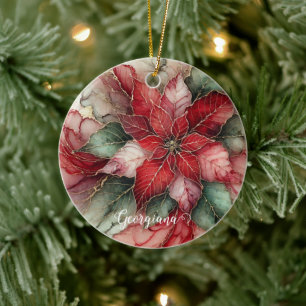Personalised Festive Floral Alcohol Ink Poinsettia Ceramic Tree Decoration