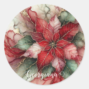 Personalised Festive Floral Alcohol Ink Poinsettia Classic Round Sticker
