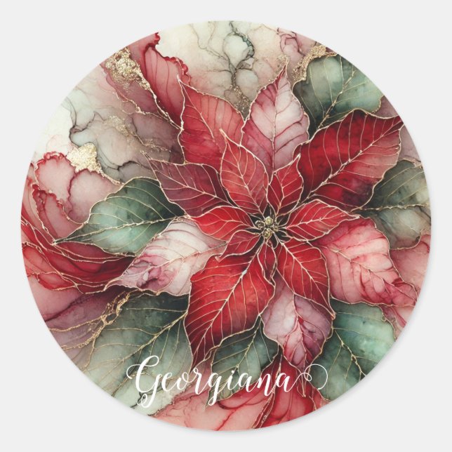 Personalised Festive Floral Alcohol Ink Poinsettia Classic Round Sticker (Front)