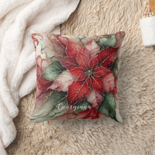 Personalised Festive Floral Alcohol Ink Poinsettia Cushion