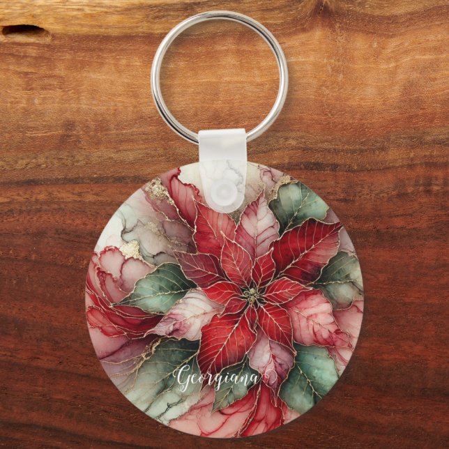 Personalised Festive Floral Alcohol Ink Poinsettia Key Ring (Front)