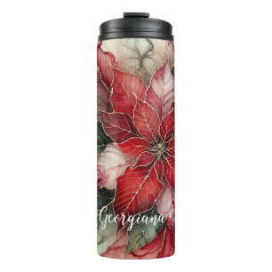 Personalised Festive Floral Alcohol Ink Poinsettia Thermal Tumbler