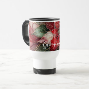 Personalised Festive Floral Alcohol Ink Poinsettia Travel Mug