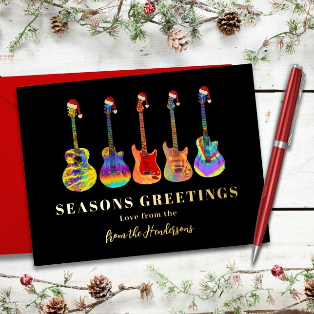 Personalised Festive Guitar Seasons Greetings Gold (Music themed colorful Christmas guitars personalized seasons greetings black and gold foil card)