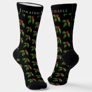 Personalised Festive Holly Berry Black Holiday Socks