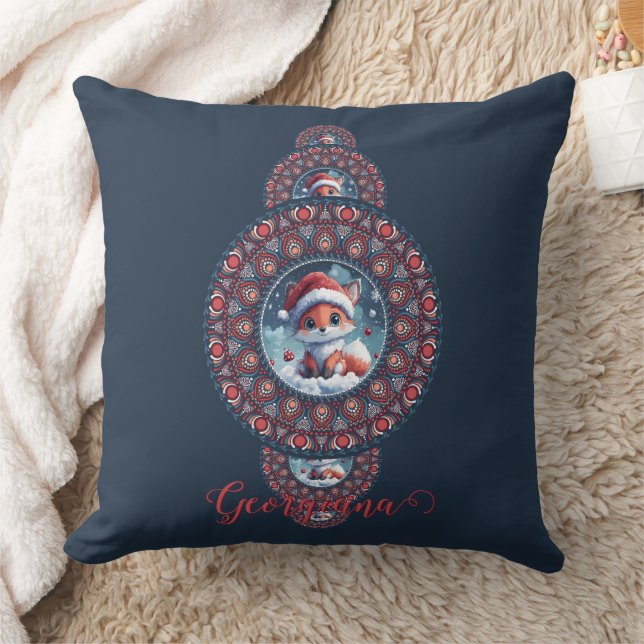 Personalised Festive Kawaii Fox Ornamental Mandala Cushion (Blanket)