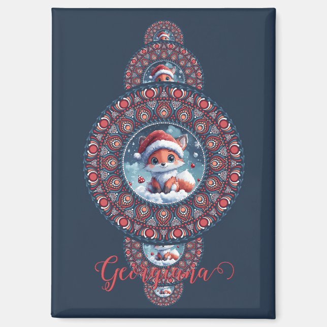 Personalised Festive Kawaii Fox Ornamental Mandala Magnet (Front)