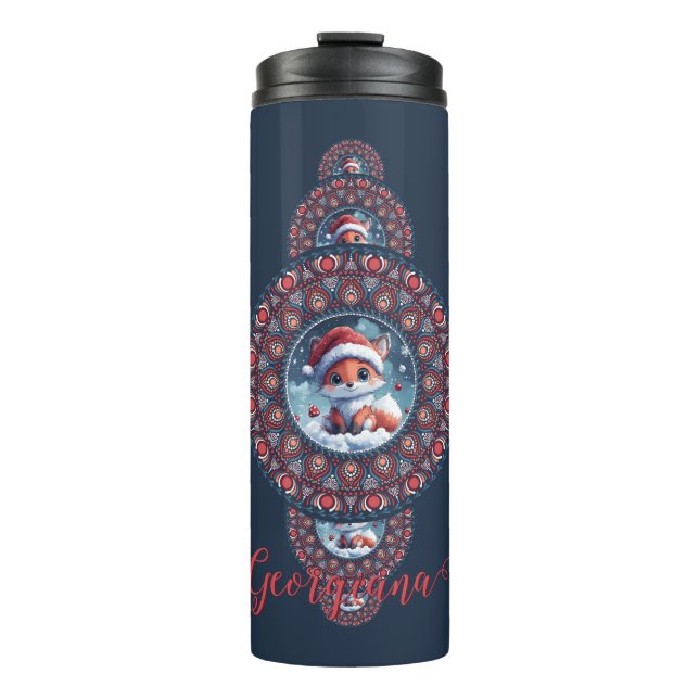 Personalised Festive Kawaii Fox Ornamental Mandala Thermal Tumbler (Front)
