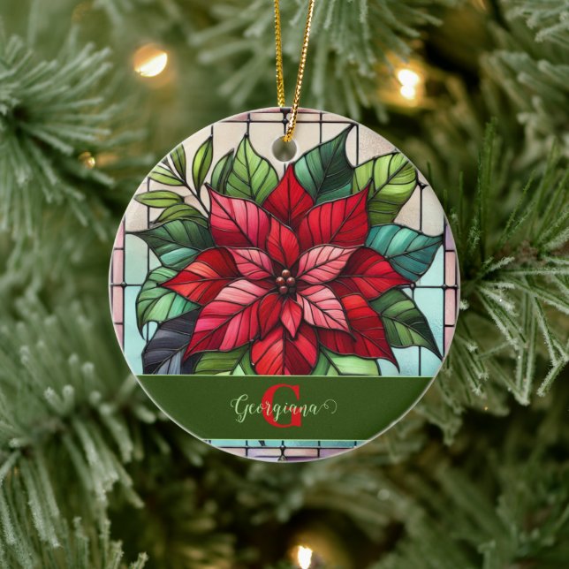 Personalised Festive Stained Glass Poinsettia Ceramic Tree Decoration (Tree)