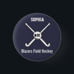 Personalised Field Hockey Team Name Jersey Number 3 Cm Round Badge<br><div class="desc">This personalised field hockey design features 2 crossed field hockey sticks, a ball and your player's or coach's name, team name and jersey number. Personalise the background colour to match your team colours - just click on "customise" and then the small eye dropper. This makes a perfect for an end...</div>