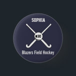 Personalised Field Hockey Team Name Jersey Number 3 Cm Round Badge<br><div class="desc">This personalised field hockey design features 2 crossed field hockey sticks, a ball and your player's or coach's name, team name and jersey number. Personalise the background colour to match your team colours - just click on "customise" and then the small eye dropper. This makes a perfect for an end...</div>
