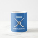 Personalised Field Hockey Team Name Jersey Number Coffee Mug<br><div class="desc">This personalised field hockey design features 2 crossed field hockey sticks, a ball and your player's or coach's name, team name and jersey number. Personalise the background colour to match your team colours - just click on "customise" and then the small eye dropper. This makes a perfect for an end...</div>