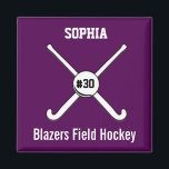 Personalised Field Hockey Team Name Jersey Number Magnet<br><div class="desc">This personalised field hockey design features 2 crossed field hockey sticks, a ball and your player's or coach's name, team name and jersey number. Personalise the background colour to match your team colours - just click on "customise" and then the small eye dropper. This makes a perfect for an end...</div>