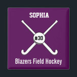 Personalised Field Hockey Team Name Jersey Number Magnet<br><div class="desc">This personalised field hockey design features 2 crossed field hockey sticks, a ball and your player's or coach's name, team name and jersey number. Personalise the background colour to match your team colours - just click on "customise" and then the small eye dropper. This makes a perfect for an end...</div>