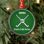 Personalised Field Hockey Team Name Jersey Number Metal Tree Decoration<br><div class="desc">This personalised field hockey design features 2 crossed field hockey sticks, a ball and your player's or coach's name, team name and jersey number. Personalise the background colour to match your team colours - just click on "customise" and then the small eye dropper. This makes a perfect for an end...</div>