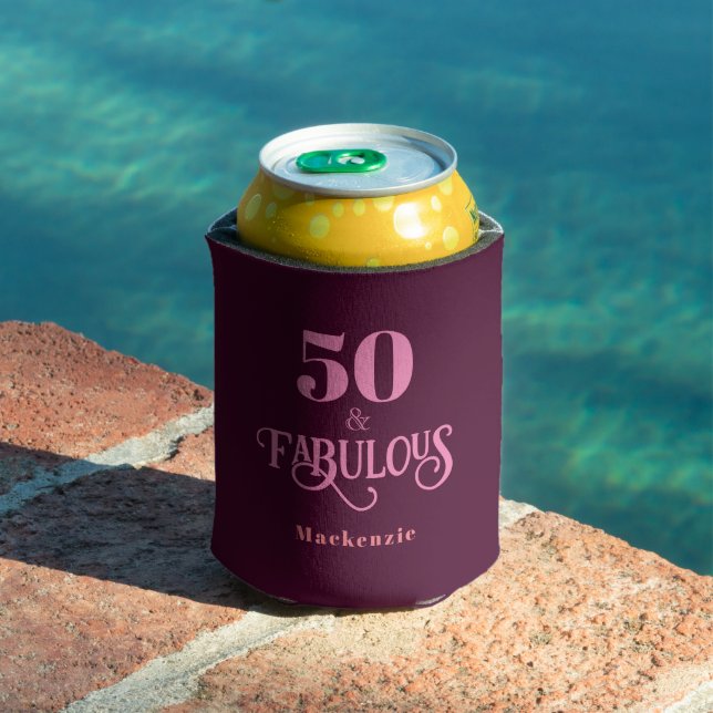 Personalised Fifty and Fabulous Burgundy Can Cooler (In Situ Pool)