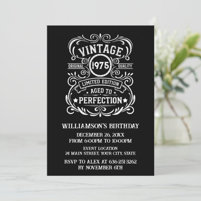 Personalised fifty vintage 50th birthday party invitation (Standing Front)