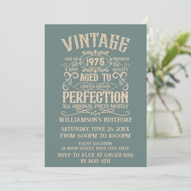 Personalised fifty vintage 50th birthday party invitation (Standing Front)