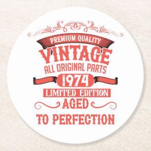 Personalised fifty vintage 50th birthday party round paper coaster