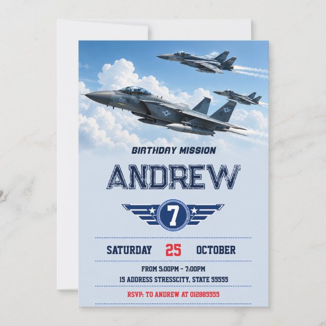 Personalised Fighter Jet Birthday Invitation (Front)