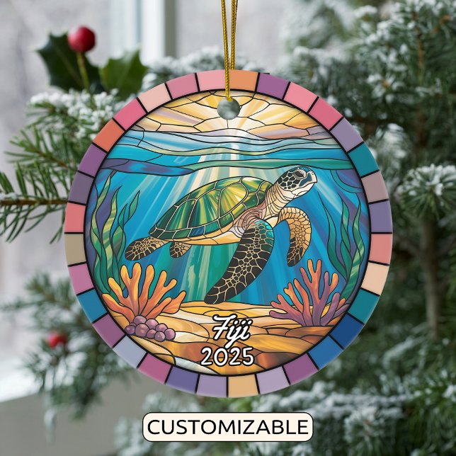 Personalised Fiji Ornament, Sea Turtle Ceramic Tree Decoration (Creator Uploaded)