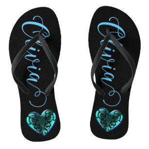 Personalised Filigree Goth Blue Heart Jandals