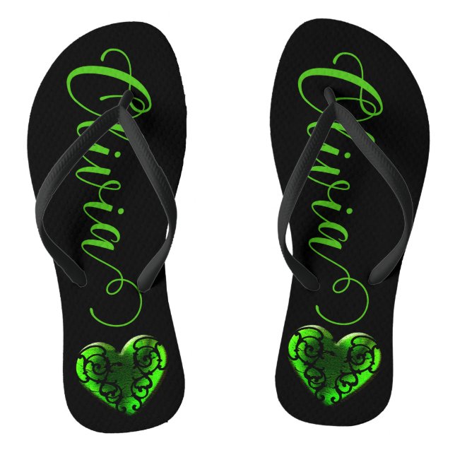Personalised Filigree Goth Green Heart  Jandals (Footbed)