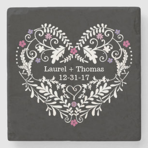 Personalised Filigree Heart, Wedding Date Names Stone Coaster