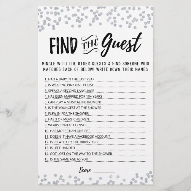 Personalised Find the guest Bridal Shower game (Front)