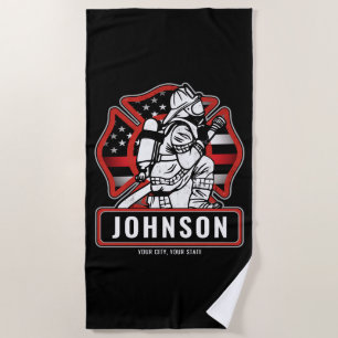 Personalised Firefighter Fire Dept Patriotic Flag  Beach Towel