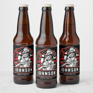 Personalised Firefighter Fire Dept Patriotic Flag Beer Bottle Label