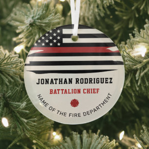 Personalised Firefighter Fire Dept Thin Red Line Glass Tree Decoration