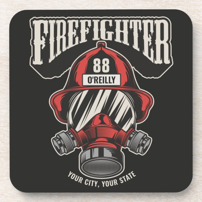 Personalised Firefighter Mask Fire Dept Helmet Coaster (Front)