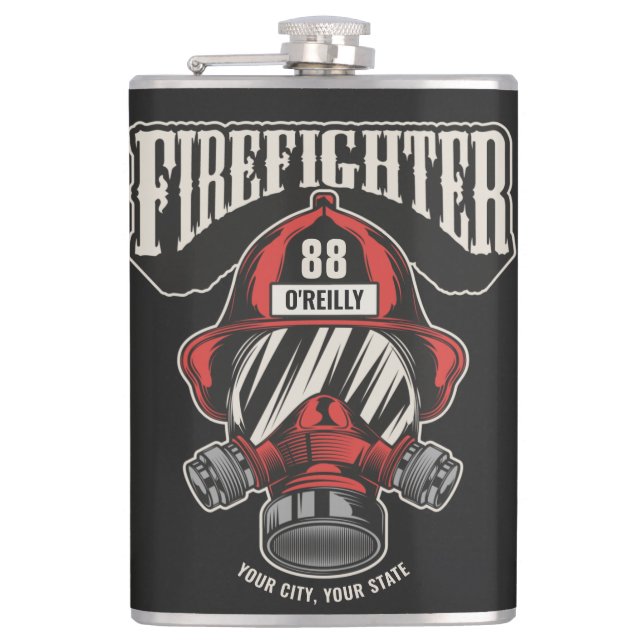 Personalised Firefighter Mask Fire Dept Helmet  Hip Flask (Front)