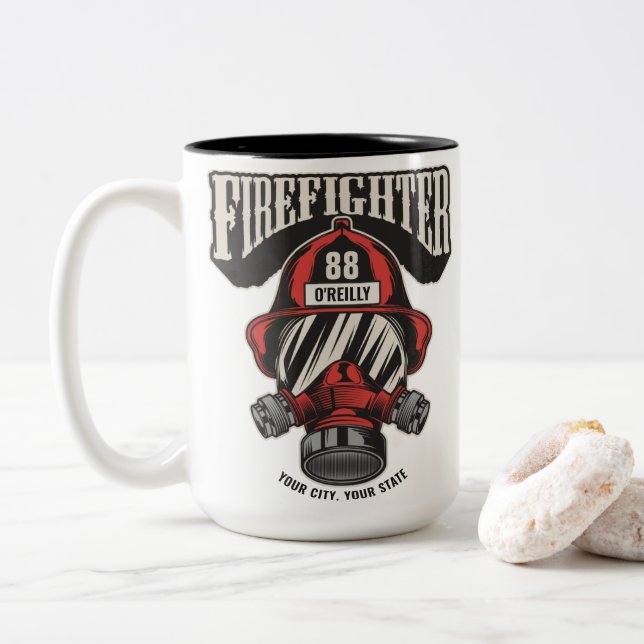 Personalised Firefighter Mask Fire Dept Helmet  Two-Tone Coffee Mug (With Donut)
