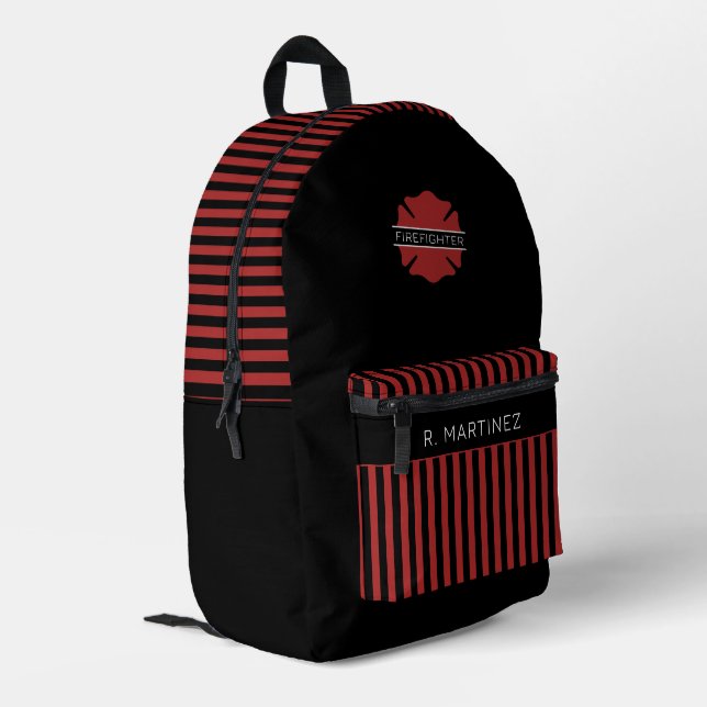 Personalised Firefighter Red and Black Stripes Printed Backpack (Back Corner Left)