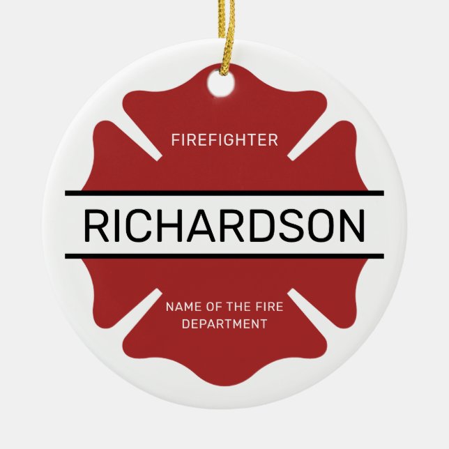 Personalised Firefighter Red Logo Symbol  Ceramic Tree Decoration (Front)