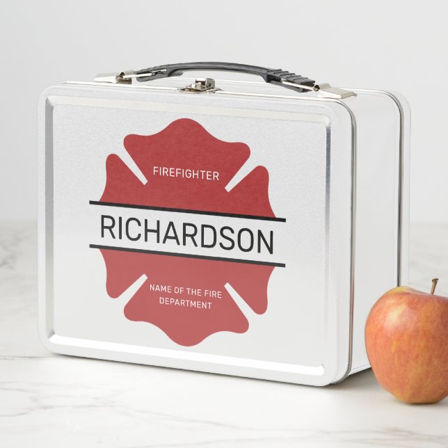 Personalised Firefighter Red Logo Symbol  Metal Lunch Box (In Situ)