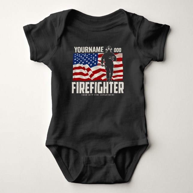 Personalised Firefighter Rescue USA Flag Patriotic Baby Bodysuit (Front)