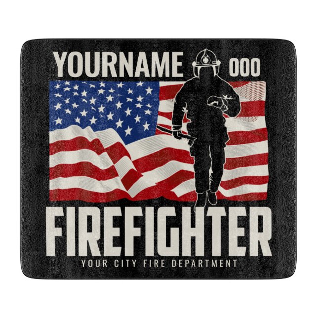 Personalised Firefighter Rescue USA Flag Patriotic Cutting Board (Front)