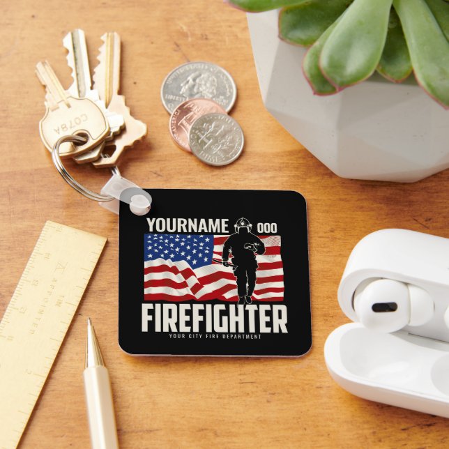 Personalised Firefighter Rescue USA Flag Patriotic Key Ring (Desk)