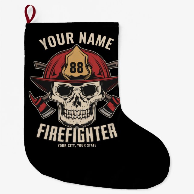 Personalised Firefighter Skull Fireman Fire Dept  Large Christmas Stocking (Front)