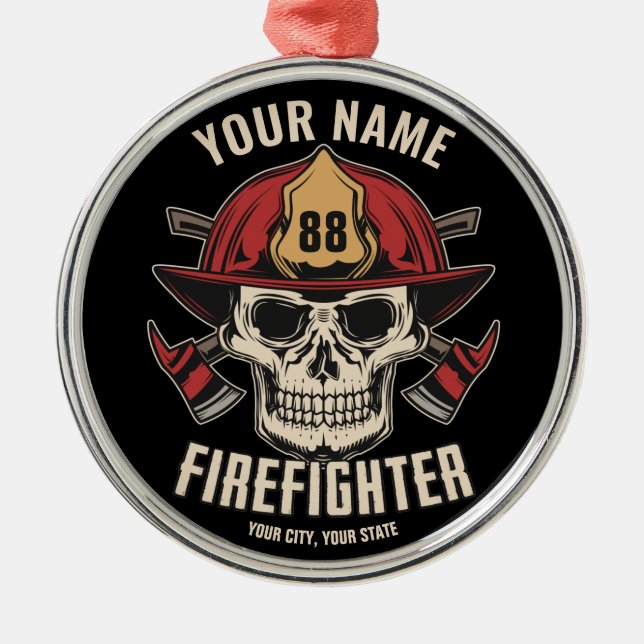Personalised Firefighter Skull Fireman Fire Dept Metal Tree Decoration (Front)
