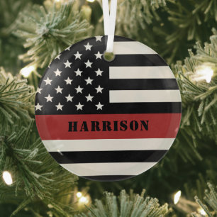 Personalised Firefighter Thin Red Line Fire Rescue Glass Tree Decoration
